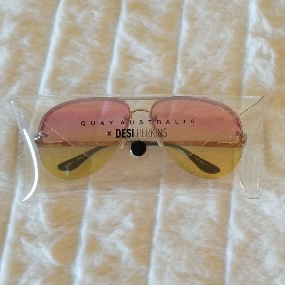 QUAY // ltd ed muse pink yellow fade rimless aviator sunglasses rare